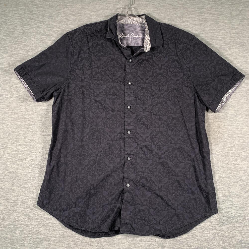 Robert Graham Shirt Mens Large Black Floral Short Sleeve Button Front Cotton